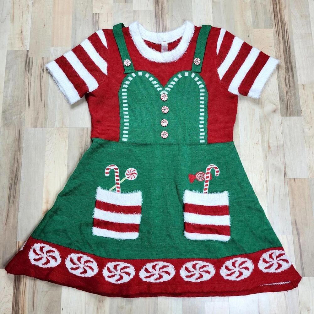 Festive‎ Red & Green Knit Dress with Candy Cane Pockets and Peppermint Details